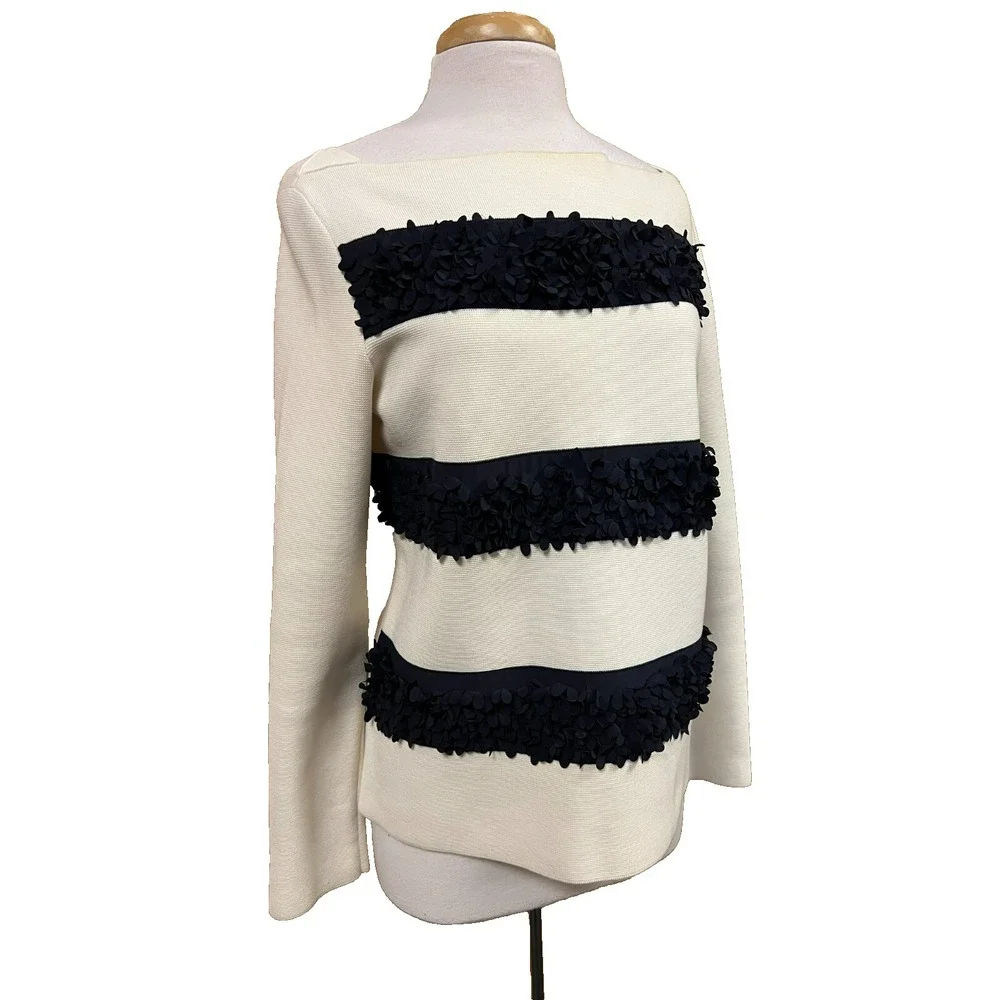 Tory Burch Flutter Flower Striped Top Bateau Neck Ivory Blue Long Sleeves SZ‎ M